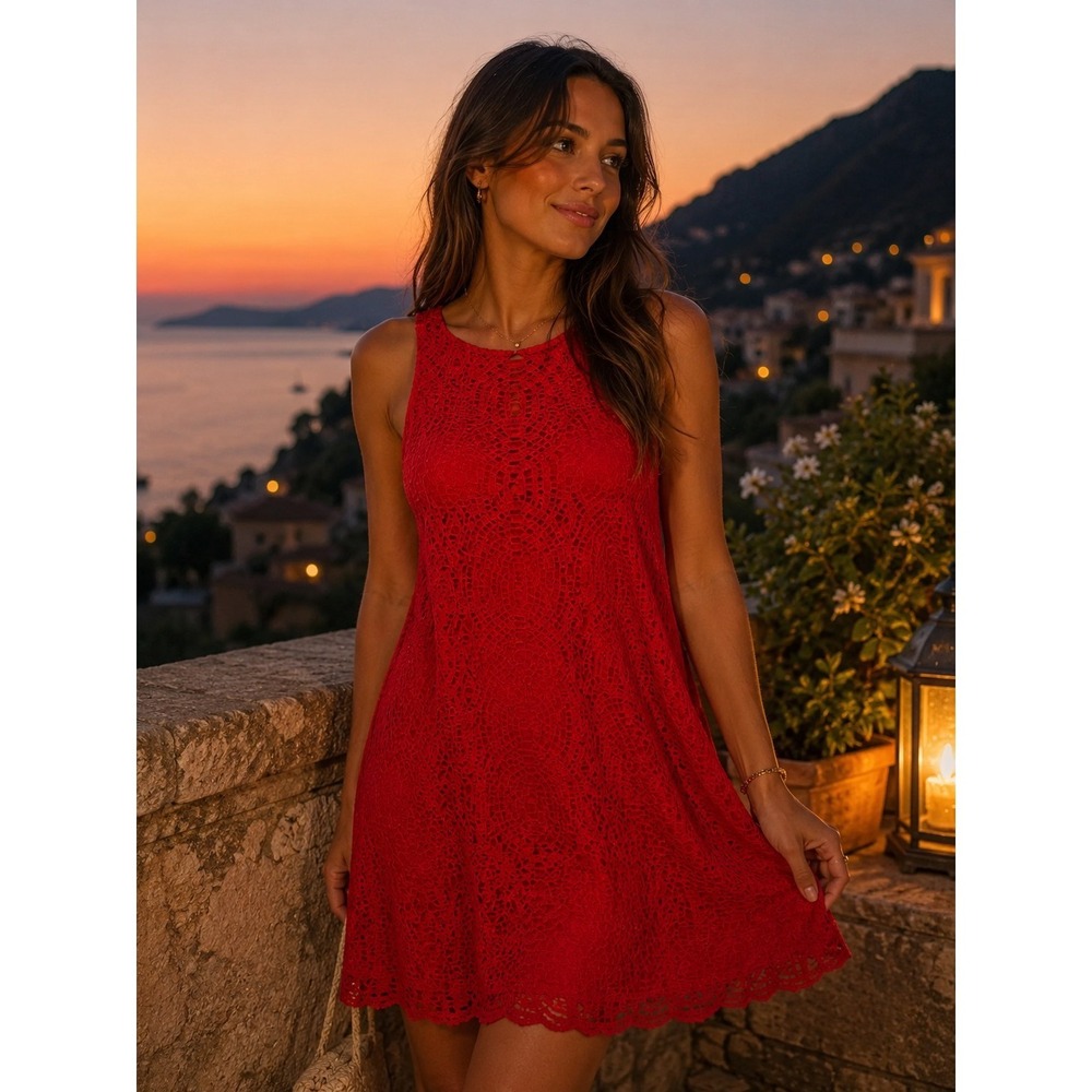 Red Dress Eyelet Overlay Cutie Party Vacation Trapeze Shift Tank 1. State SzM
